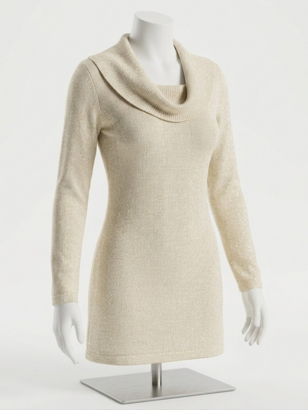 Energie Cream Shimmer Off-The-Shoulder Long Sleeve Mini Sweater Dress Junior L